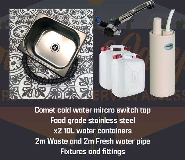 10cm deep Rectangle Stainless Steel Campervan sink, Comet Cold Water Micro Switch Tap and Whale 10cm deep Rectangle Stainless Steel Campervan sink, Comet Cold Water Micro Switch Tap and Whale