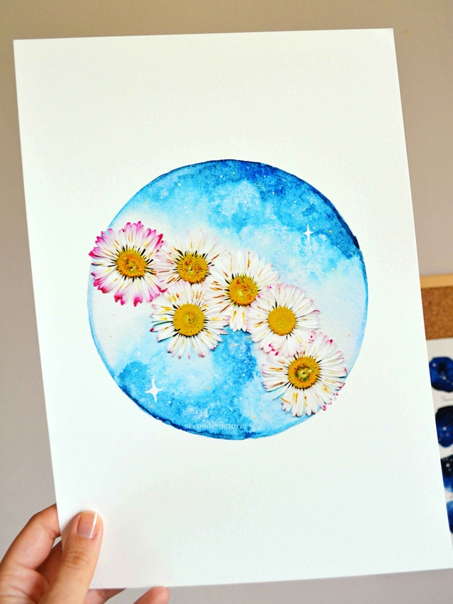 Affiche fine-art Lune fleurie à l'aquarelle