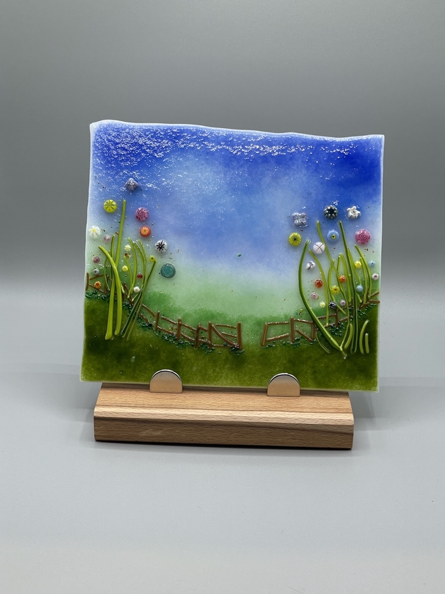 Rolled Top Fused Glass Countryside Scene with stand