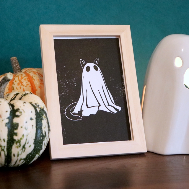 Linogravure A6 Chat fantôme