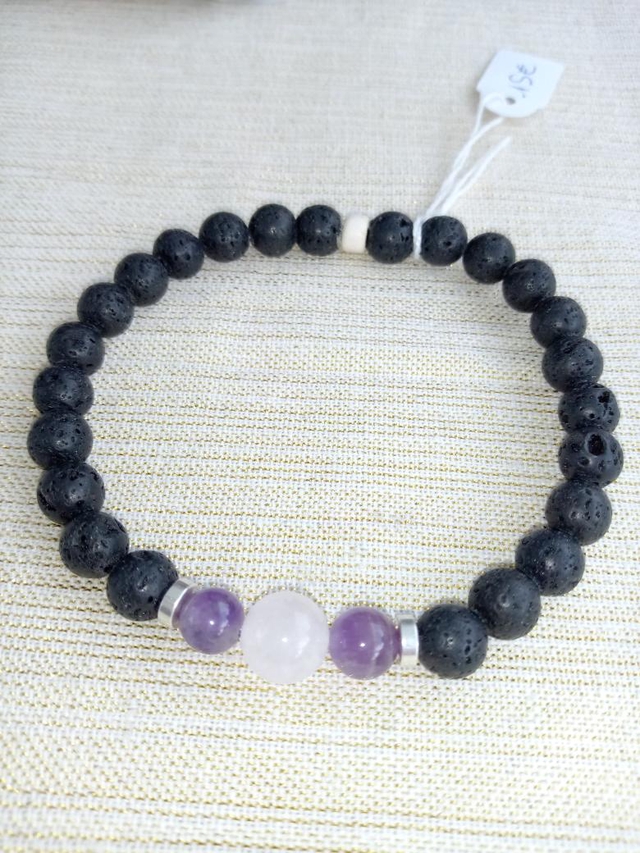 Pierre de lave, améthyste et quartz rose