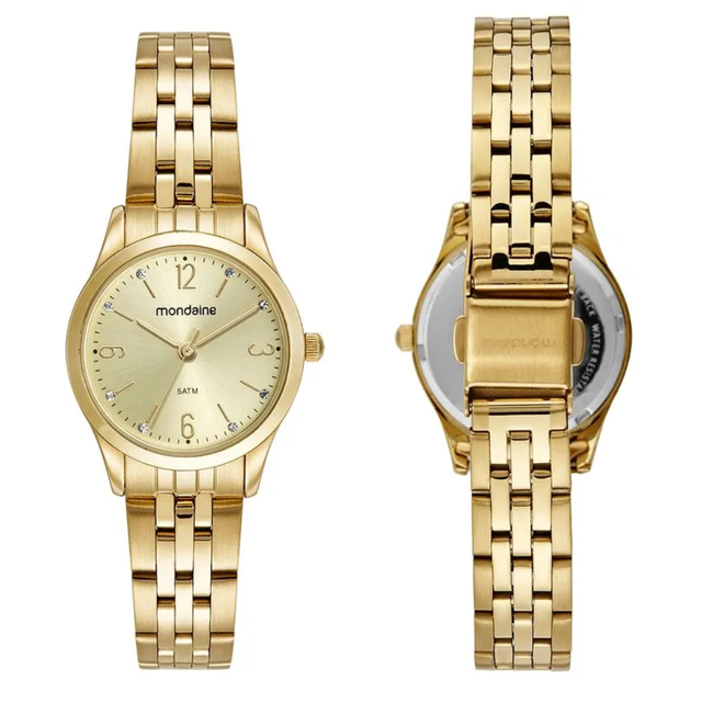 KIT RELÓGIO FEMININO CLÁSSICO DOURADO COM SEMIJOIAS