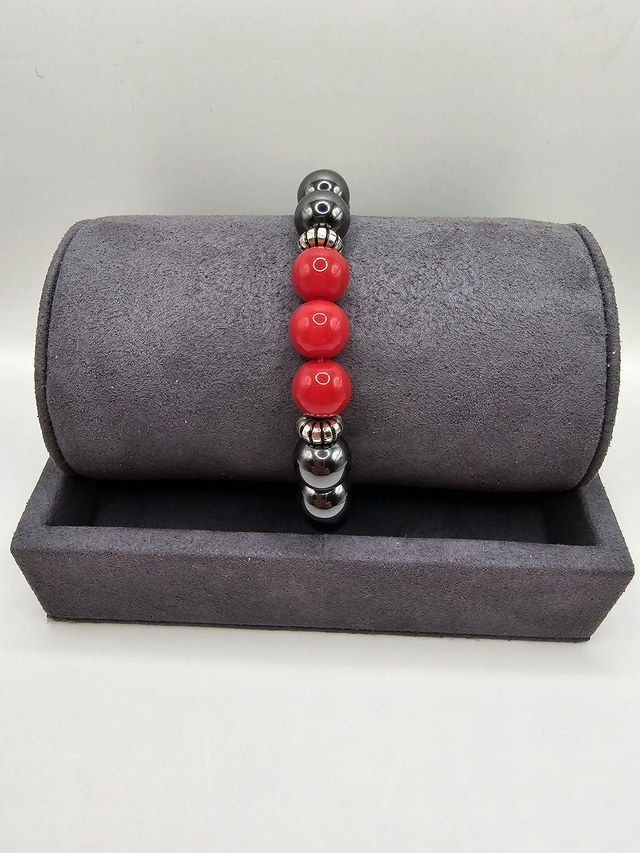 Mens Hematite & Red Coral Bracelet.