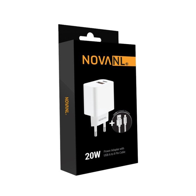 NOVANL ProCharge (20W) Dual Port Wall Charger with SpeedCharge USB A to 8 Pin Cable