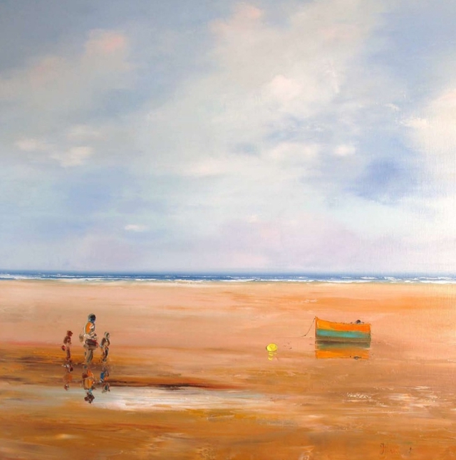 Balade familiale - Paysage marin bateau plage - 80x80 cm