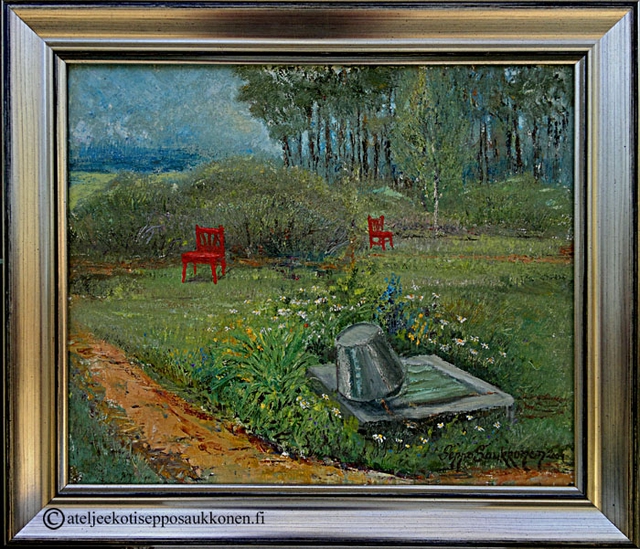 Punaiset tuolit ja ämpäri 50x60 cm