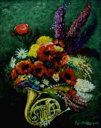 13. Käyrätorvi ja kukat (80x65 cm)