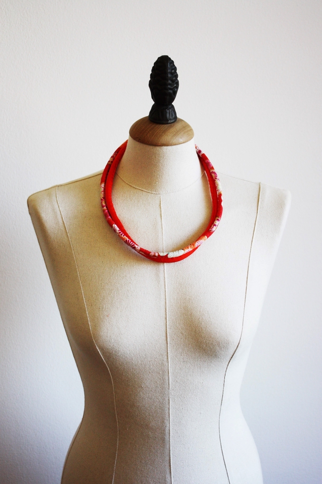 Red and flower pettern necklace, Japanese cotton and Kimono silk necklace, Kawaii necklace