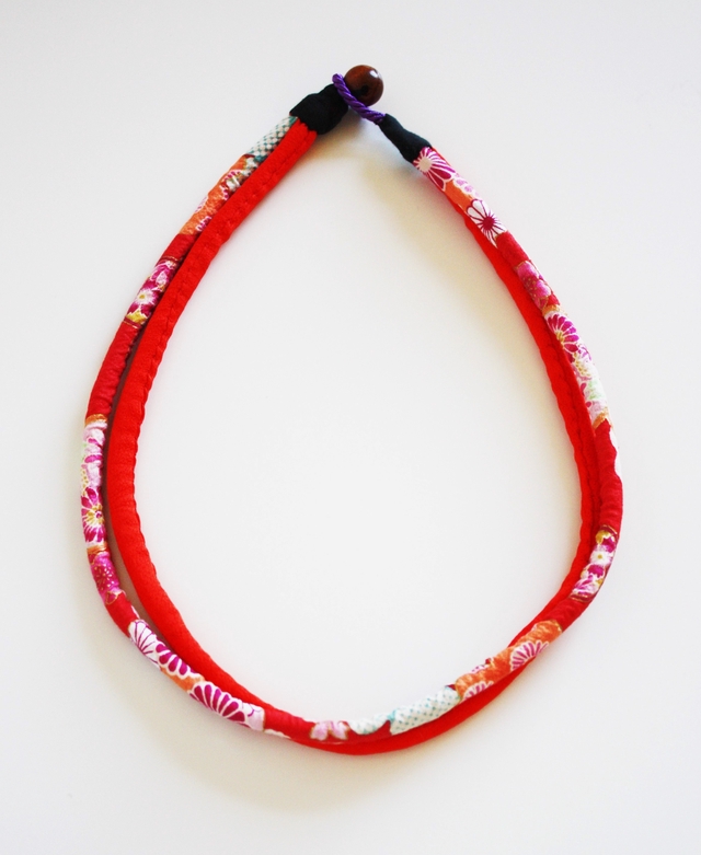 Red and flower pettern necklace, Japanese cotton and Kimono silk necklace, Kawaii necklace