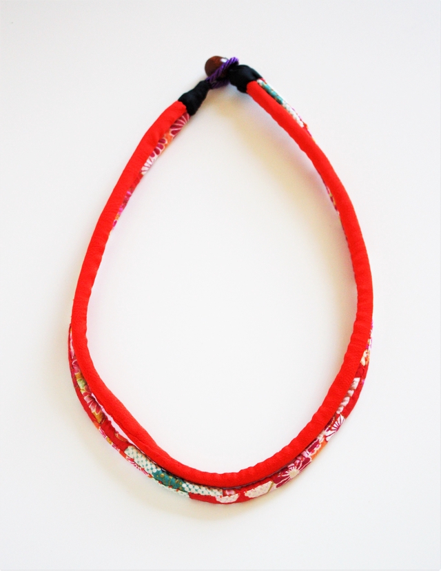 Red and flower pettern necklace, Japanese cotton and Kimono silk necklace, Kawaii necklace