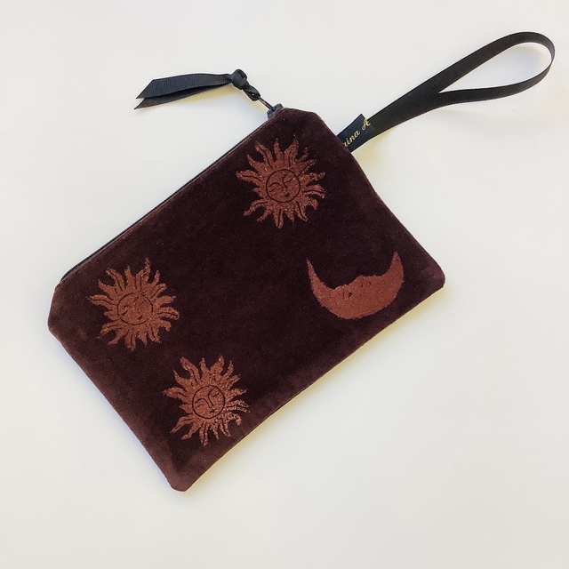 Chocolate Brown Sun and Moon velvet Zip-Up Pouch 