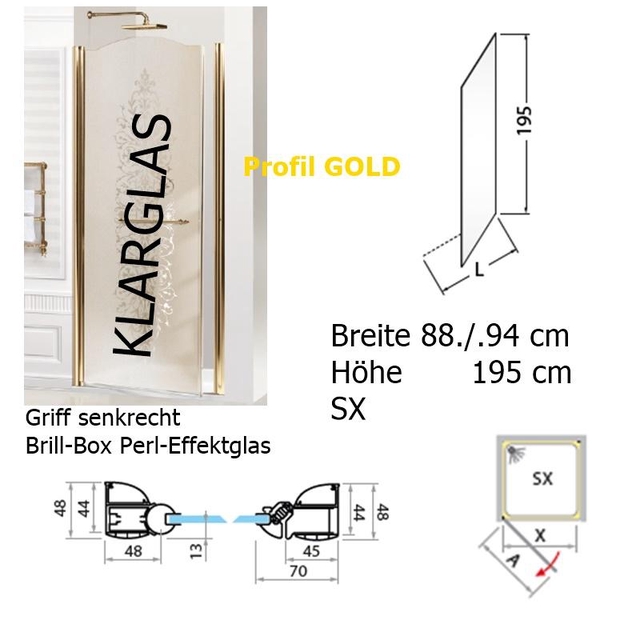 Duschtür Nieschentür Luxery Profil GOLD Dekorglas - Exklusiv bis 67 cm Breite