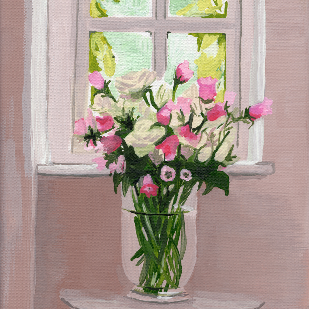 "Bouquet Ă la fenĂȘtre", gouache sur toile 18x24cm
