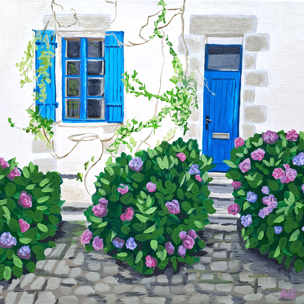 "La maison aux hortensias", acrylique sur toile 30x30cm