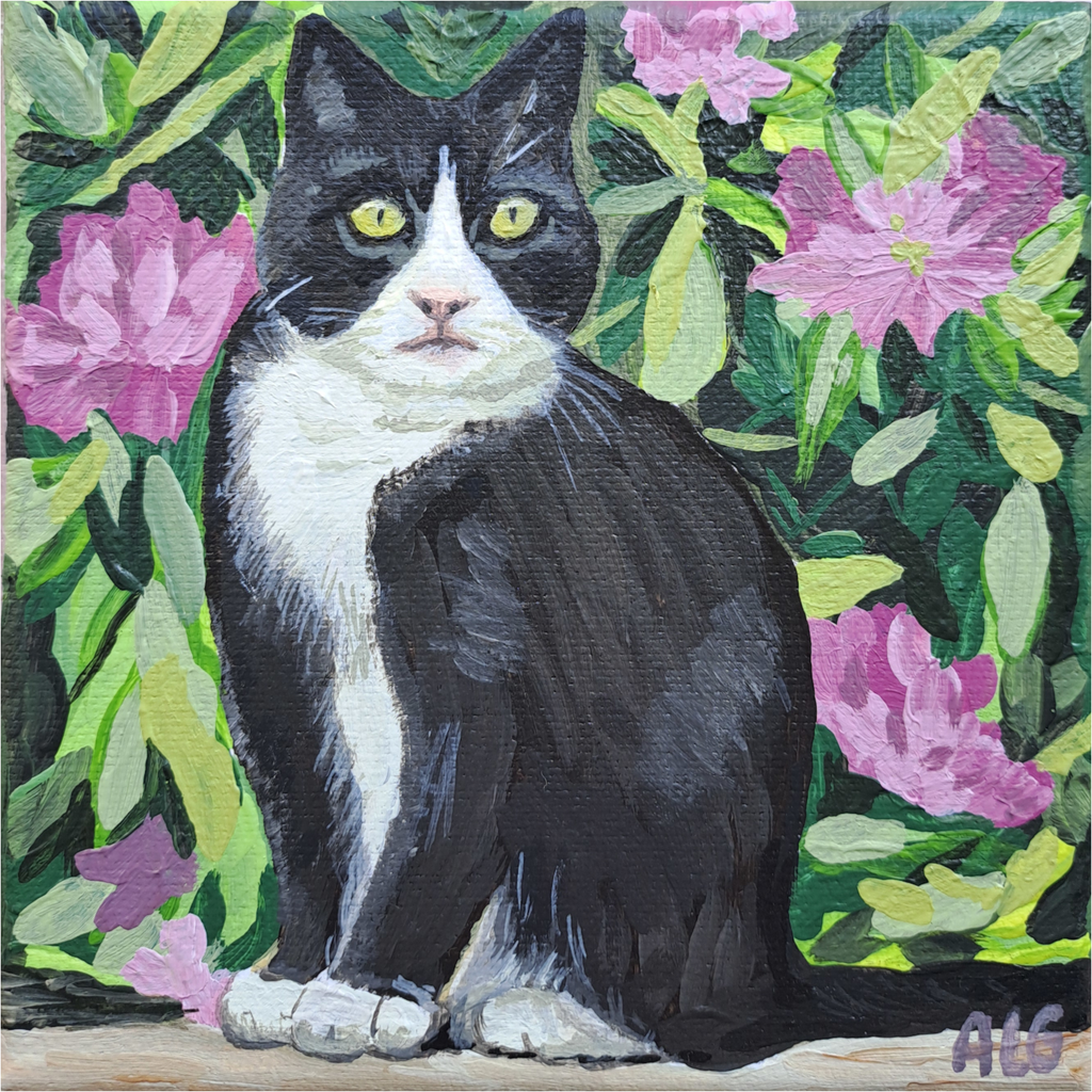 "Chat au jardin", Acrylique sur toile 12x12cm