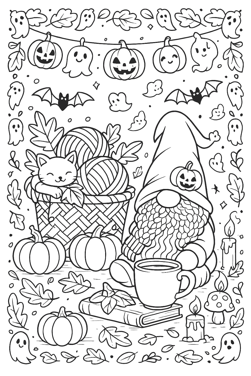 Coloriage cosy Halloween à imprimer : gnome avec chapeau pointu, chat paisible, citrouilles dont une Jack-o’-lantern, fantômes mignons en bordure, bougies et chauves-souris. Illustration line-art noir et blanc, style Willou Créations, format A4.