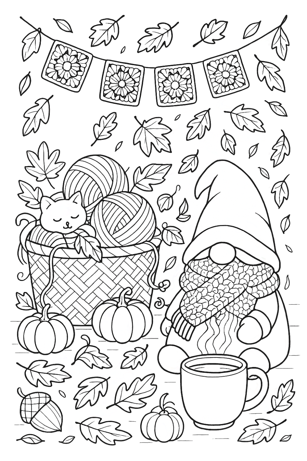 « Coloriage en noir et blanc à imprimer représentant une scène cosy d’automne : un gnome avec une écharpe crochetée, un panier rempli de pelotes de laine, un chat endormi, des citrouilles et des feuilles tombantes. »
