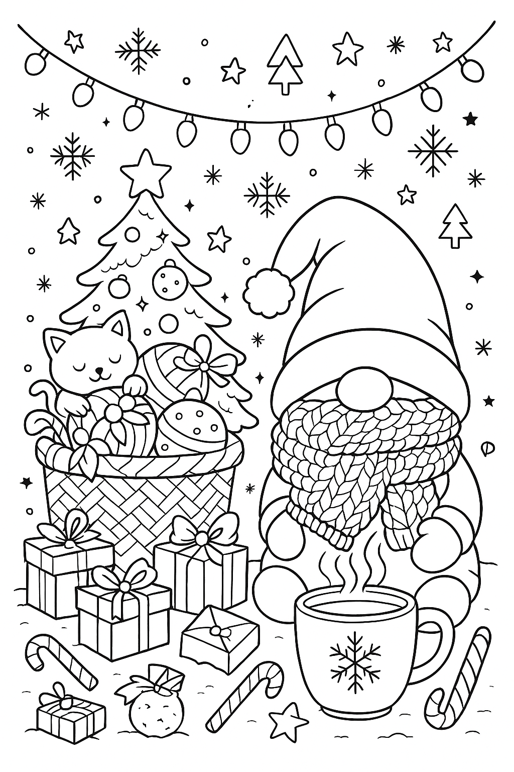 “Coloriage de Noël à imprimer représentant un gnome hivernal, un chat dans un panier et un sapin décoré — style line-art, ambiance cosy hivernale”