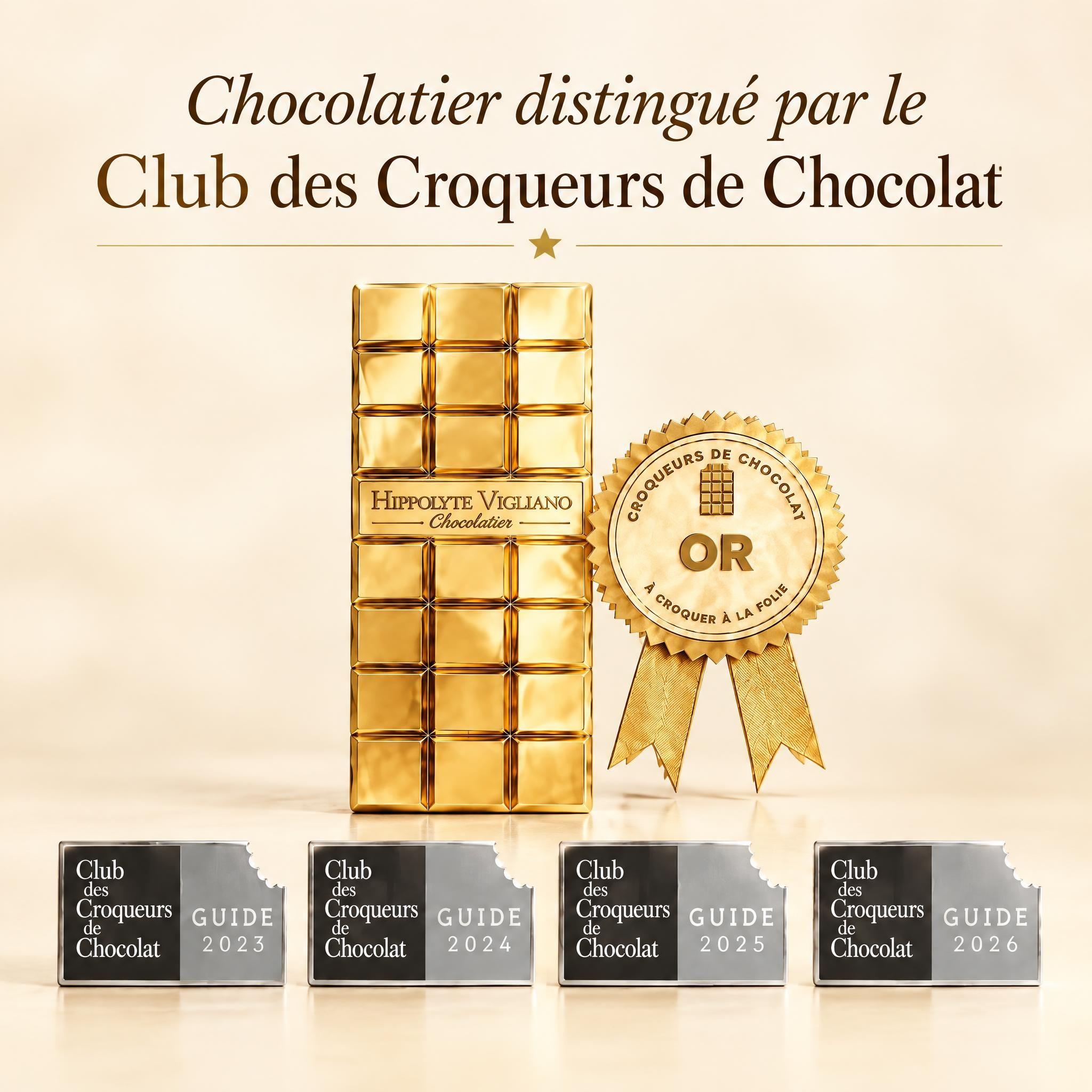 Palmarès officiel Hippolyte Vigliano chocolatier à Thonon-les-Bains : Tablettes d'Argent 2023 à 2026 et Tablette d'Or 2027 au Club des Croqueurs de Chocolat