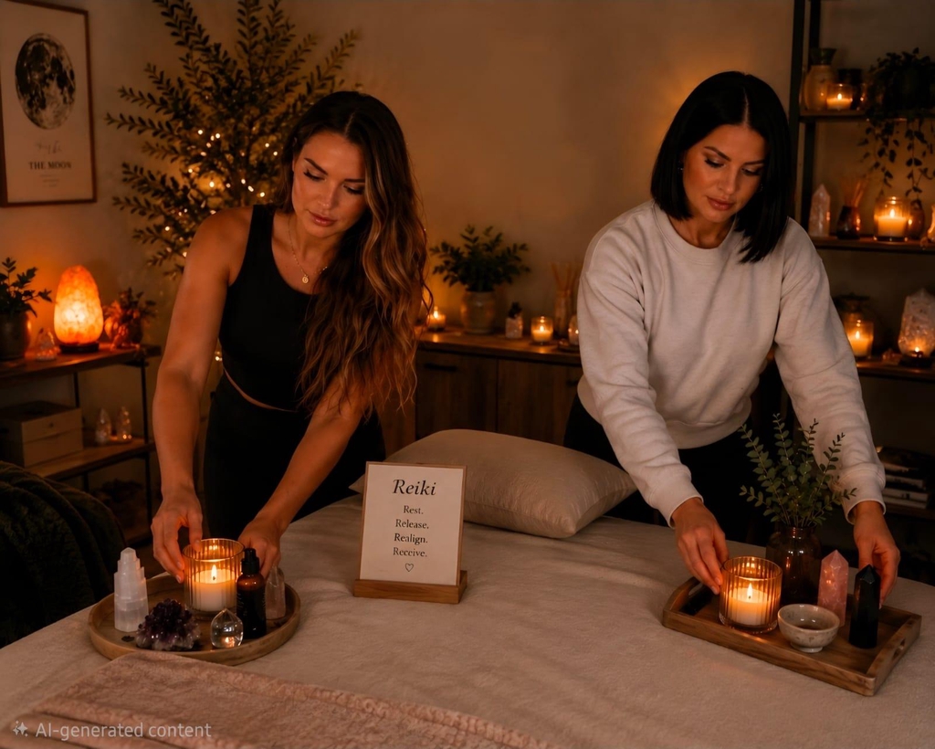 Calming wellness image with crystals and candle for holistic healing, tarot guidance and Seichem Reiki.