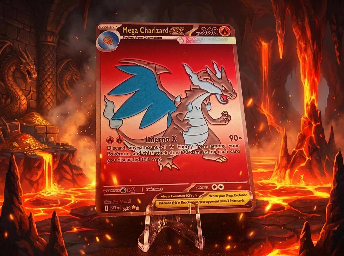 Custom Illustration Metal Charizard printed onto aluminium plate in a holder surrounded by a volcano