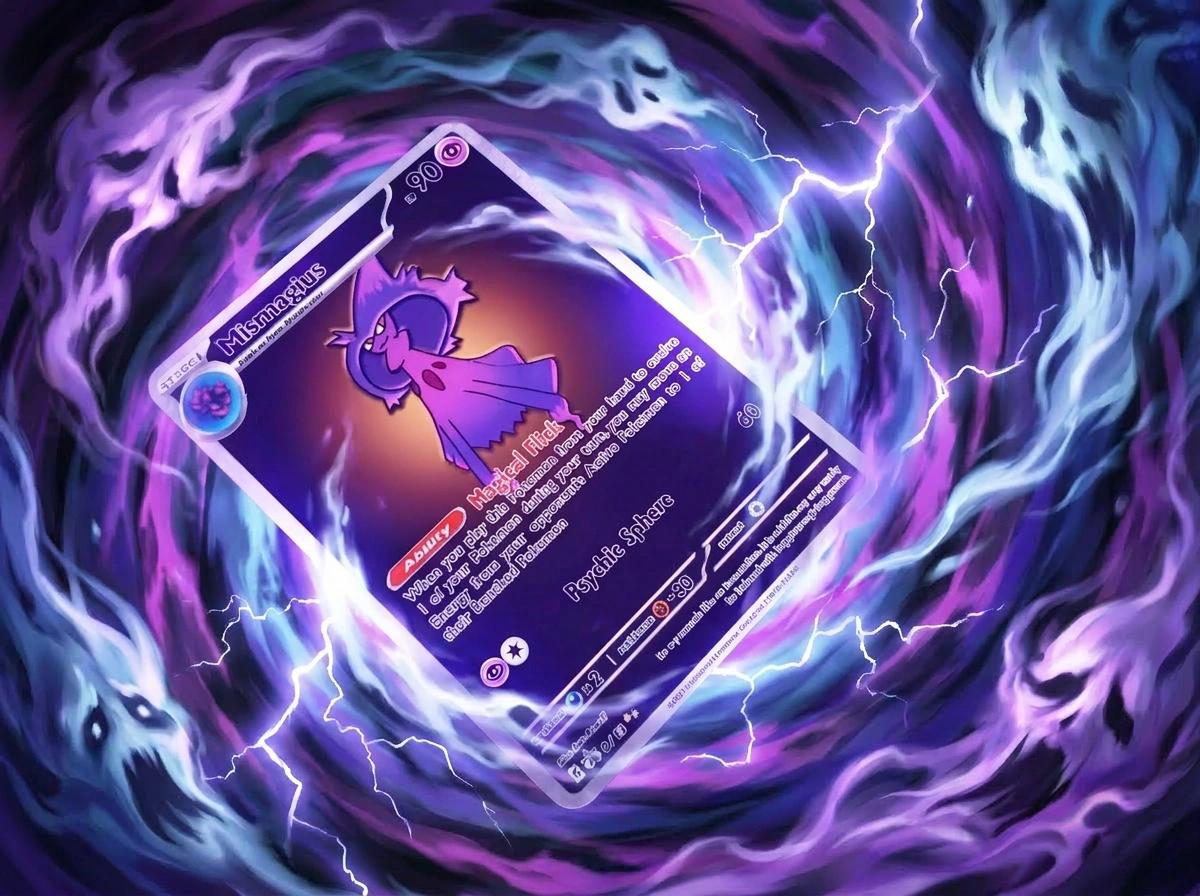 Picture of our metal printed Mismagius Custom Pokemon card in a swirlign vortex.