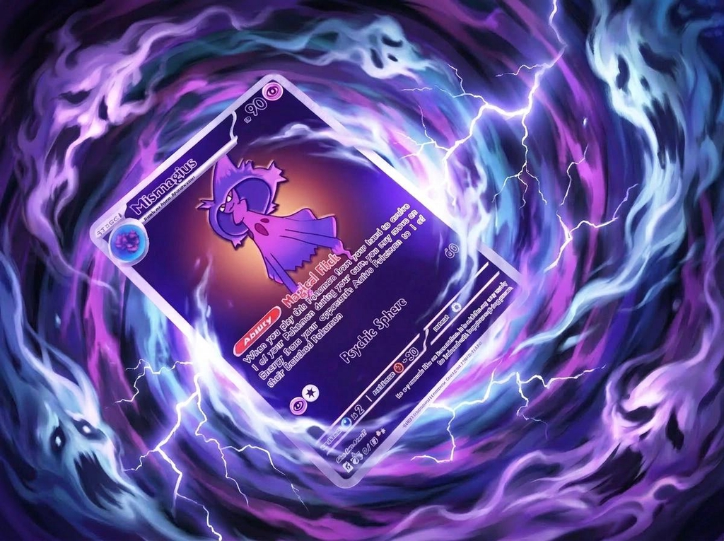 Custom Printed Metal Mismagius Pokémon Card in a Swirling Vortex