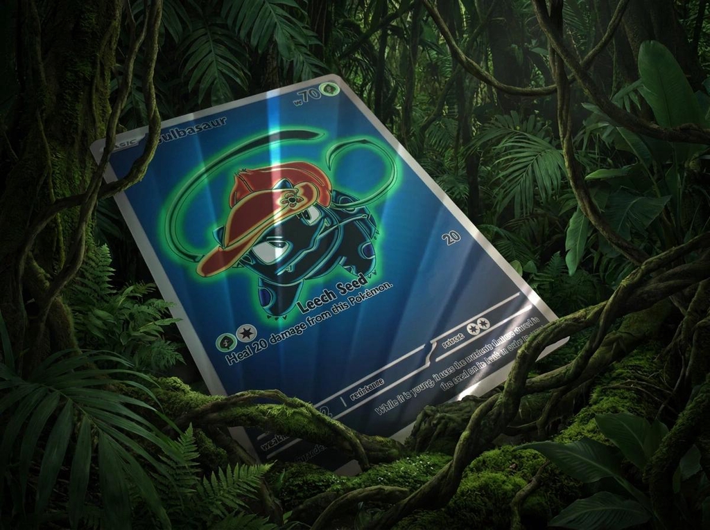 Custom Gardening Bulbasaur printed onto a mirror silver effect aluminium card wrapped in vines