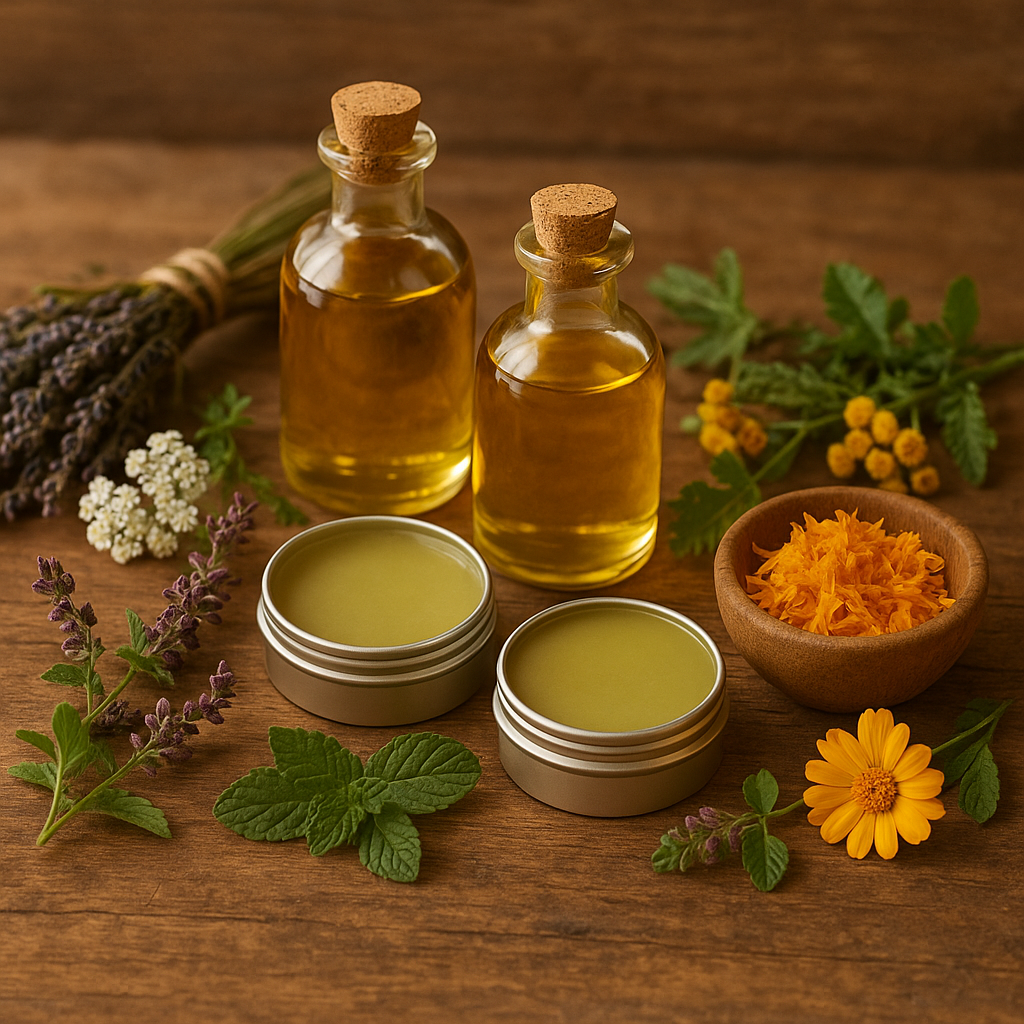 Prírodné bylinkové výrobky – mastičky, oleje a sušené bylinky od značky Divoká vyhňa na drevenom podklade.