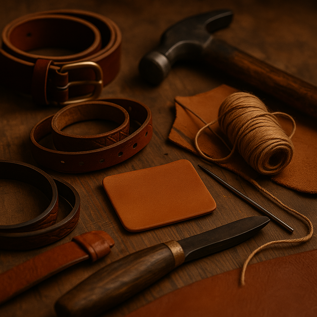 Remeselná dielňa s ručne vyrábanými koženými doplnkami, náramkami, opaskom a nástrojmi na spracovanie kože na drevenom stole.