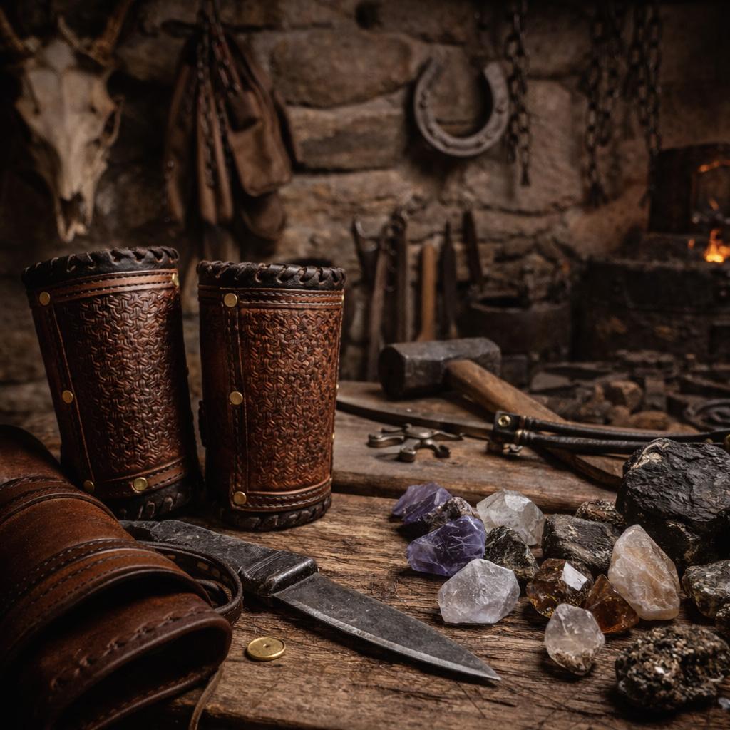 Prírodné materiály a remeselná filozofia Divoká vyhňa – drevo, koža, kov a minerálne kamene v dielni.