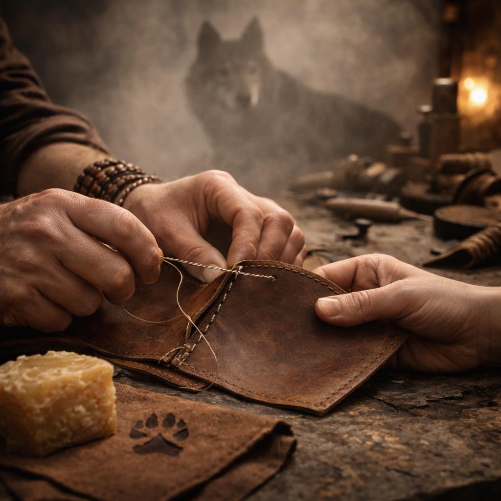 Ručná výroba koženého výrobku v dielni Divoká vyhňa – detail rúk pri ručnom šití kože, prírodné materiály a remeselné náradie.