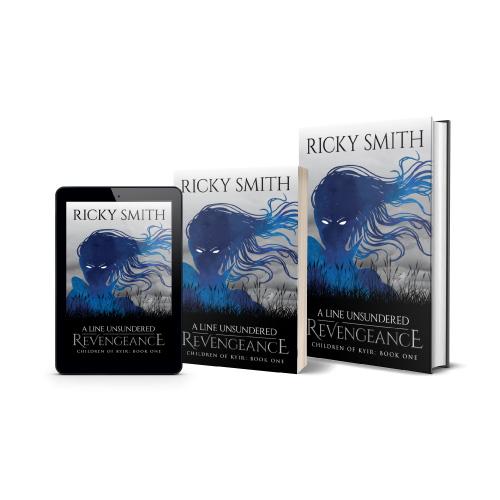 A mockup image of the cover of A Line Unsundered: ReVengeance shown on a tablet device, as well as paperback and hardcover print books.