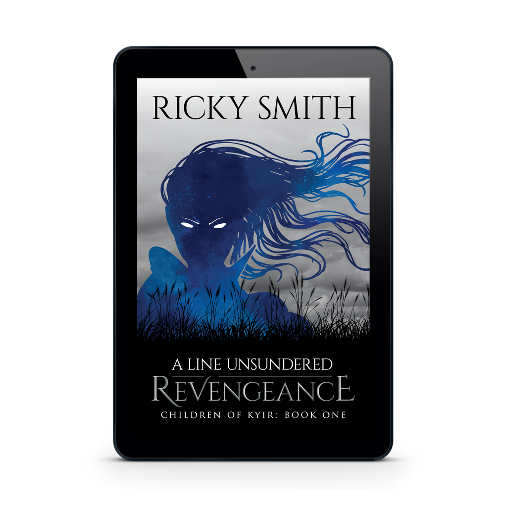 A mockup image of the cover of A Line Unsundered: ReVengeance shown on a tablet device.