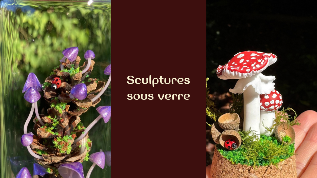 Sculptures, décorations, bijoux, collection. Des œuvres uniques pour un cadeau original et féérique. Champignons sculptés et éléments naturels. Nature et forestier. Les bocaux : terrarium miniature de champignons sculptés et d'éléments naturels lichen mousse écorces bois, verre et bouchon en liège, scellé pour protéger l'œuvre. 