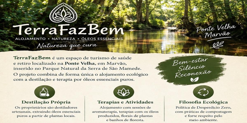 TerraFazBem — Alojamento, Natureza e Bem-Estar em Marvão
Um espaço familiar de natureza e tranquilidade, no Parque Natural da Serra de São Mamede, com três casas independentes para quem procura descanso, silêncio e reconexão.
Na TerraFazBem, o alojamento cruza-se com a natureza, a Terapia Floral, experiências de bem-estar e os óleos essenciais que destilamos artesanalmente no próprio espaço.