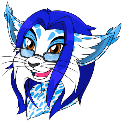 Logo for Blue Beth Draws. Features art of the head of a lynx, with white and light blue fur, with dark blue hair, brown eyes and black glasses.
