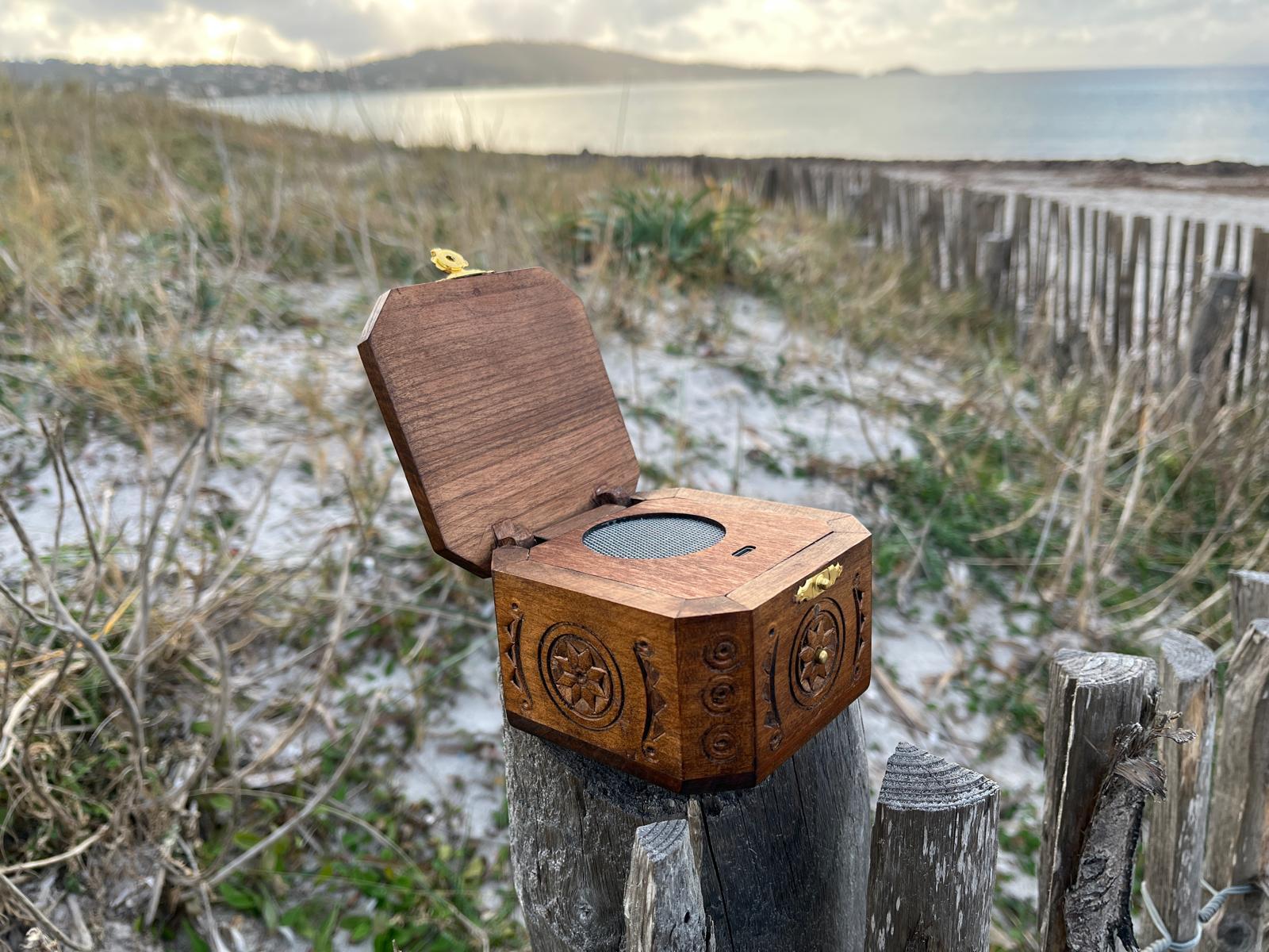 Bluetooth speakers section with the image of a small Bluetooth speaker in a Romanian hand carved box. Picture taken on the beach.
BoxAmps make portable guitar amps and speakers for music playback. Hancrafted in France