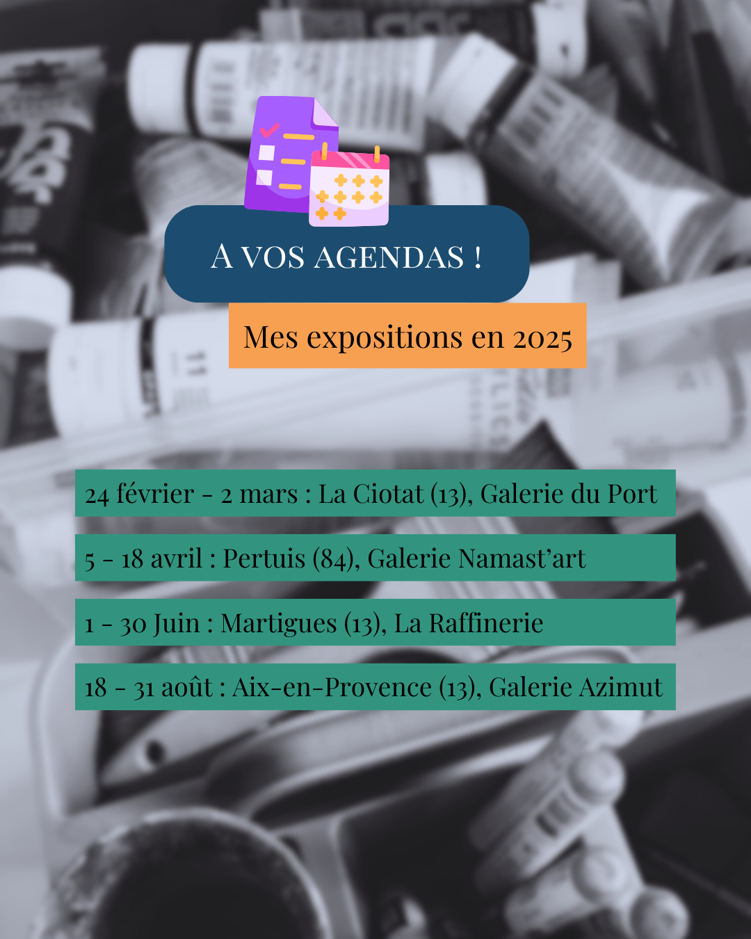 Article du blog d'Aurélie Blanchet, artiste peintre, dans lequel elle liste ses expositions prévues en 2025 ainsi que ses dernières peintures