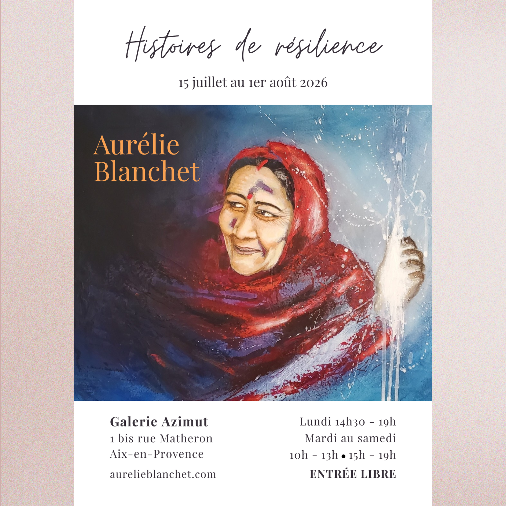 Exposition de l'artiste peintre Aurélie Blanchet prévue du 15 juillet au 2 août 2026 à la Galerie Azimut à Aix-en-Provence