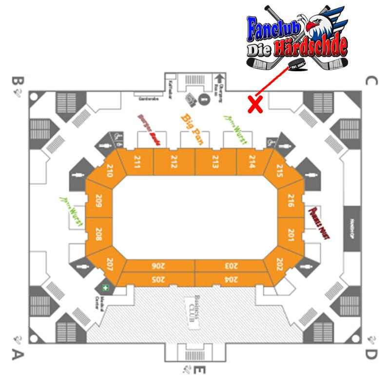Lageplan des Umlaufs im Unterang der SAP Arena zur Abholung der Buttons hinter Block 213/214