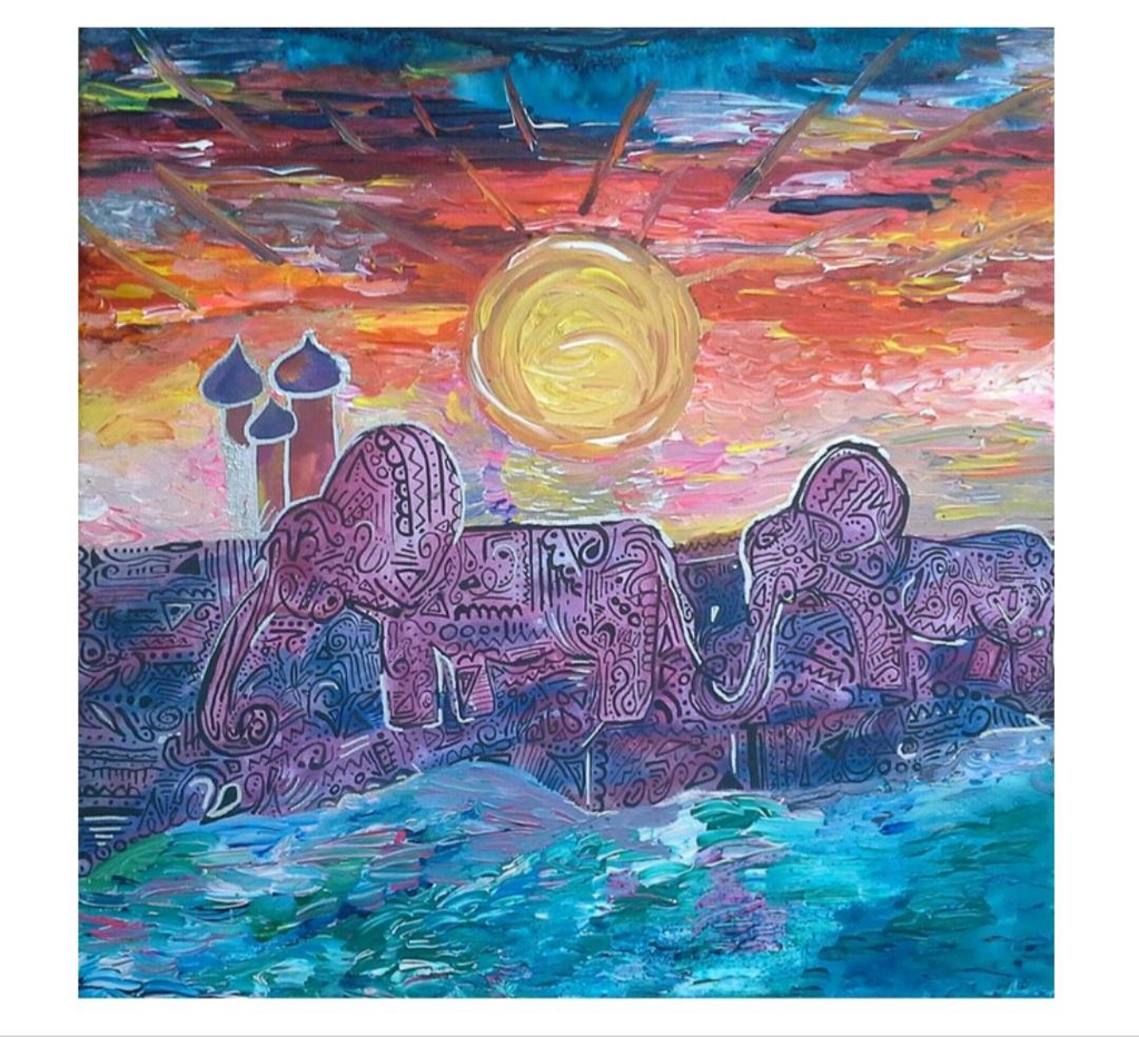 Patterned purple elephants in the sunset