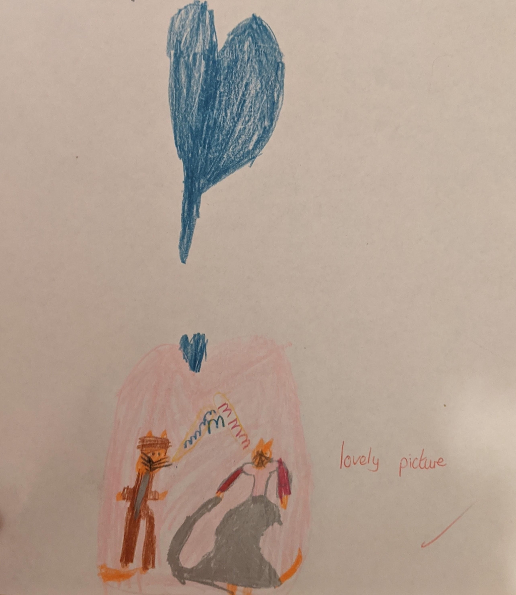 Kissing cats after break up cats in love childhood drawing by Heidi Swift 