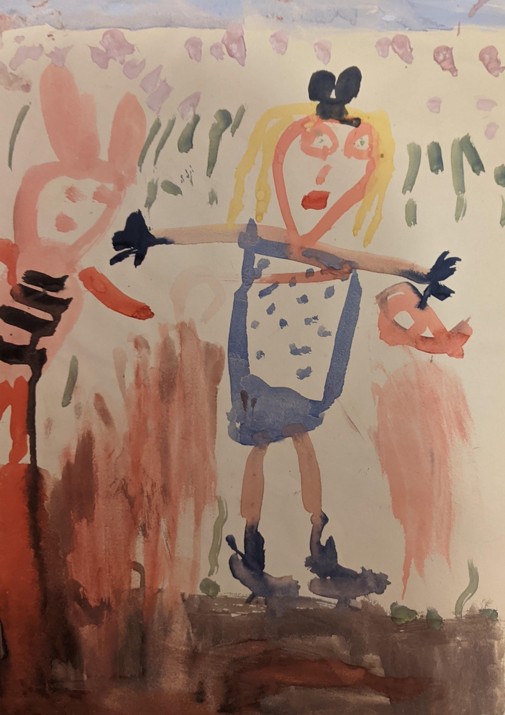 Girl in blue dress (heidi) with her companion (piglet) earlier works childhood painting nursery.
Violets floating in the sky