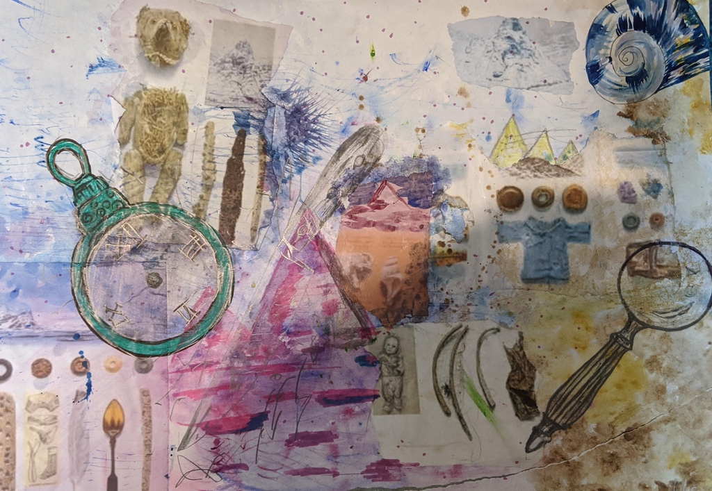 World searching collage with pocket watch, teddy bear and pyramids.