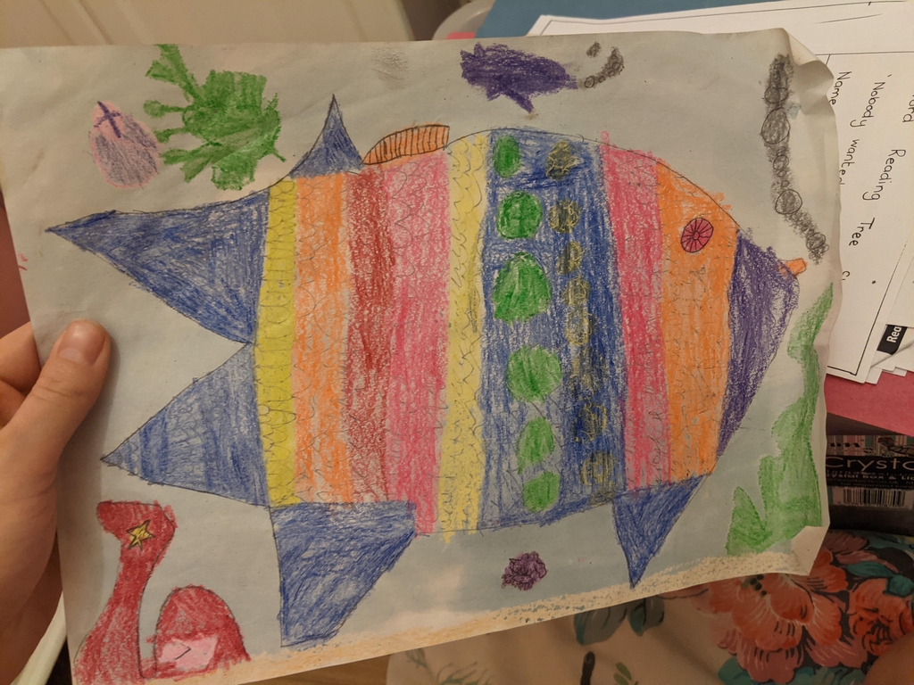 Patterned fish with friends heidi swift childhood painting drawing pastels colourful bright central fish