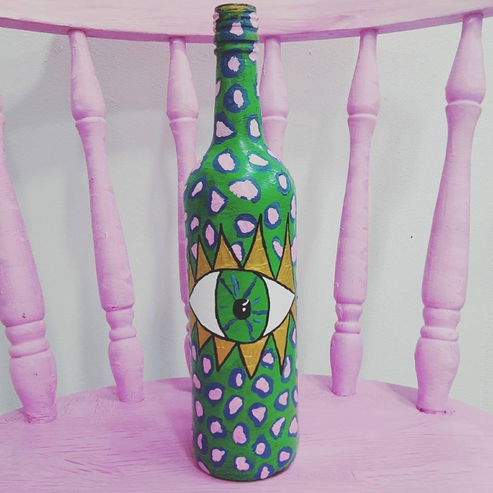 Surreal glass bottle green pink and purple leopard print all seeing eye by heidi swift barnsley artist