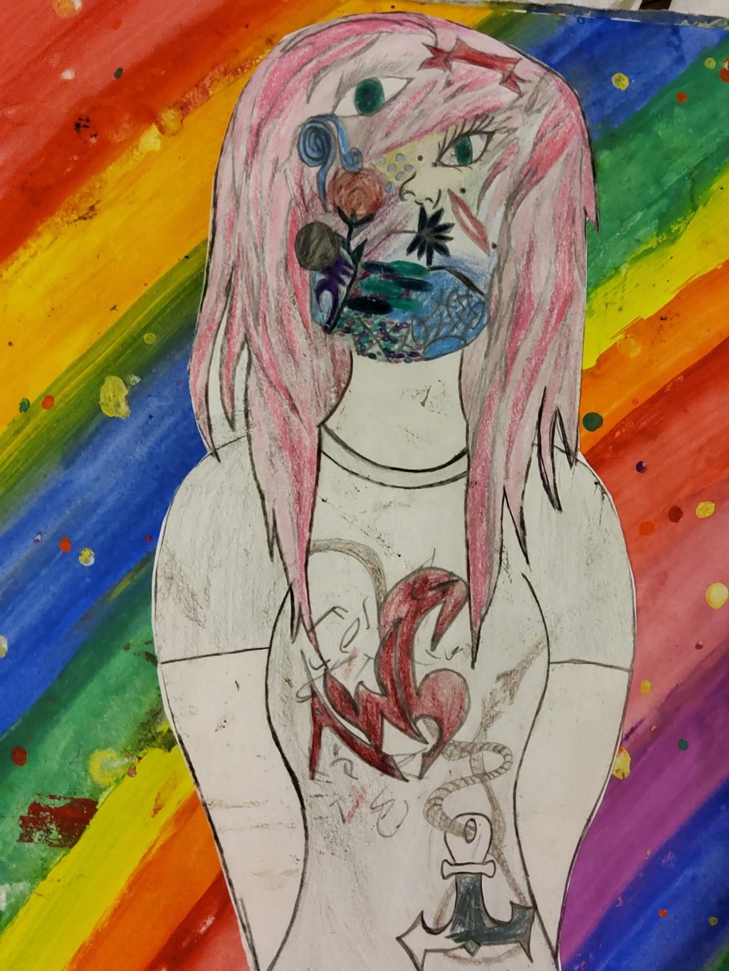 Pink haired expressive self portrait  with andwhitestars band tshirt anchors and piercings and ribbons