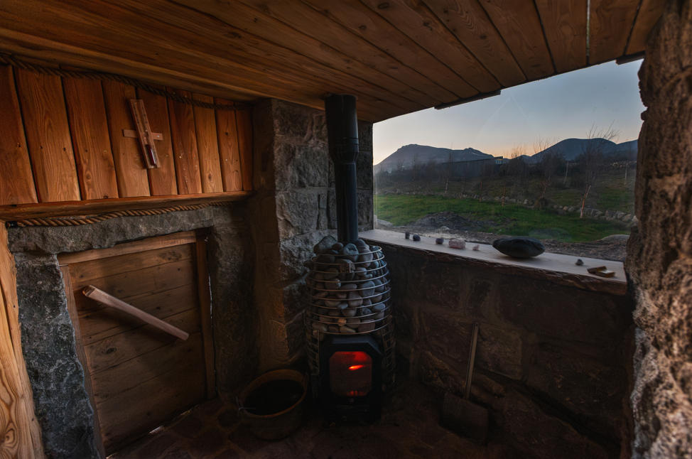 Wood-fired Mourne granite sauna at Willowtree Retreats, an adults-only wellness spa in Annalong near the Mourne Mountains.