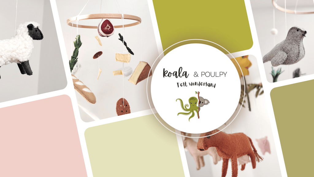 Koala and Poulpy by Eugénie marque de mobiles pour bébé et guirlandes enfantines. Mobile bébé en feutrine. Guirlande décorative. Guirlande prénom. Décoration chambre bébé personnalisé